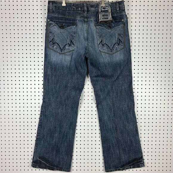 Indigo Star Y2K Gothic Baggy Jeans 38x32 Denim Blue Flare Embroidered Punk Cyber - Picture 1 of 7